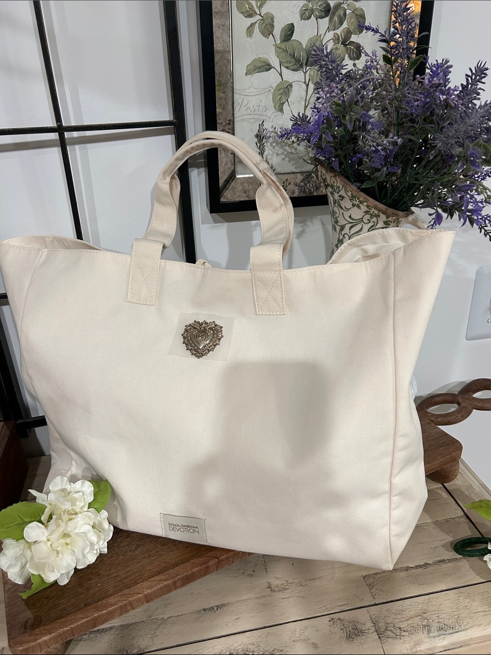 Dolce & Gabbana Cream Canvas Heart-Emblem Tote
